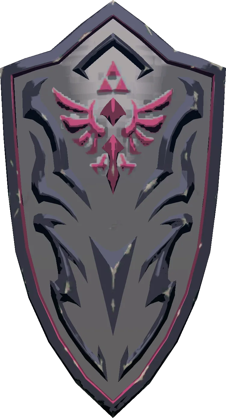 The Royal Guard's Shield model from Tears of the Kingdom, a dark angular shield with pale ancient Sheikah-tech inlays.
