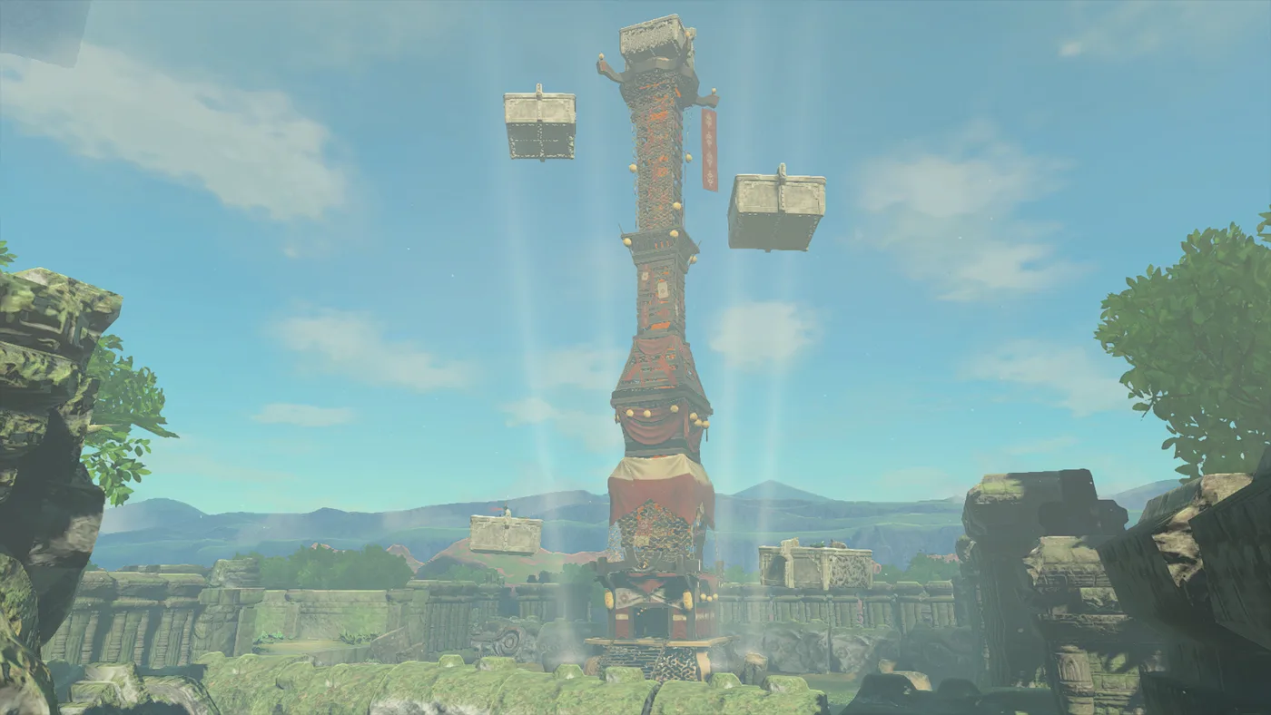 The Thyphlo Ruins Skyview Tower, a tall red-and-black column with a red banner hanging near its top, rising from mossy stone ruins with four light beams climbing from its base, while square Zonai stone platforms float in the air beside it and one more sits squarely on top of the tower.