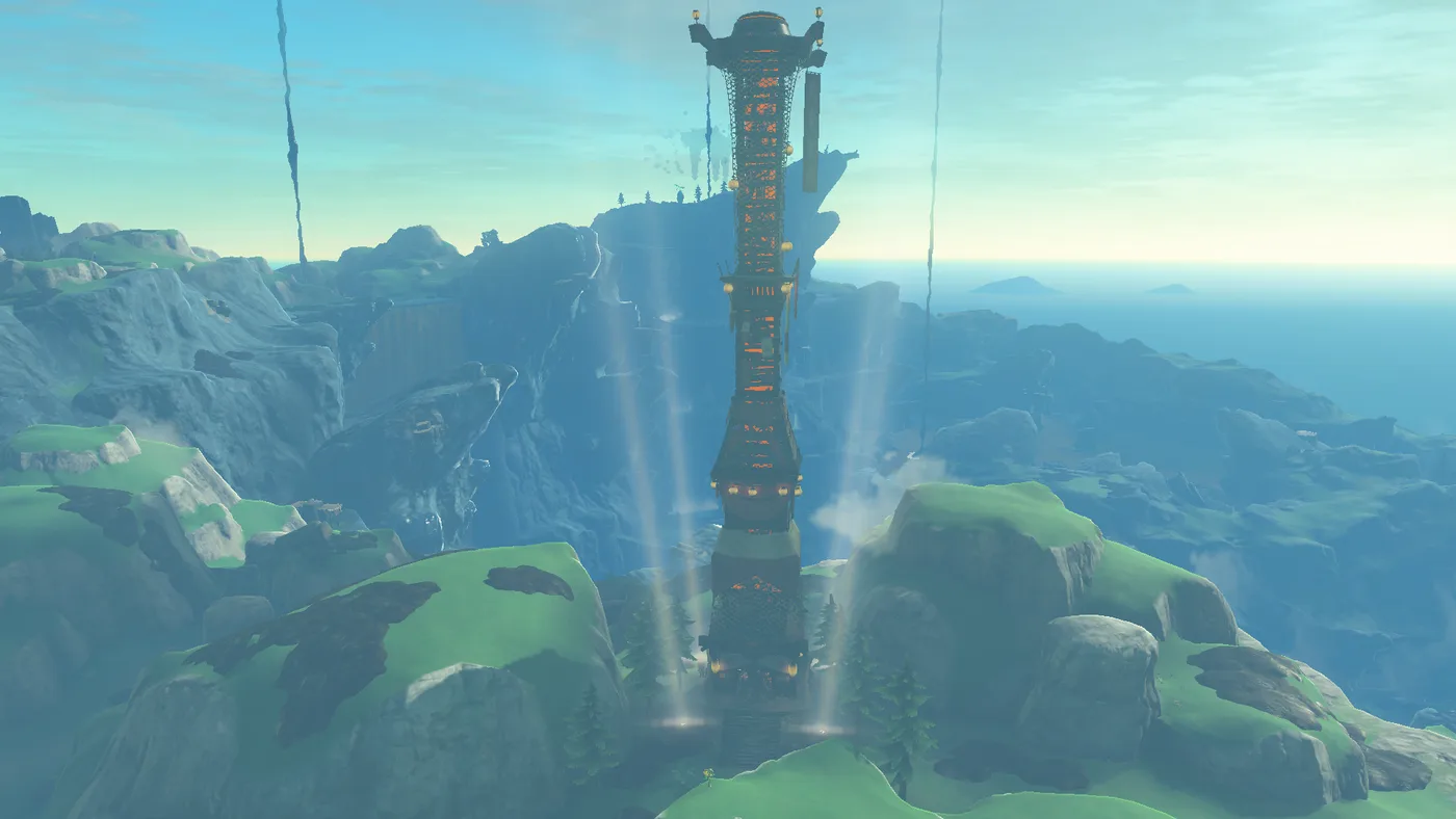 The Upland Zorana Skyview Tower on a green hilltop with four light beams rising around its base, black patches of sludge staining the grass on the surrounding rocks, and grey cliffs dropping to the sea behind.
