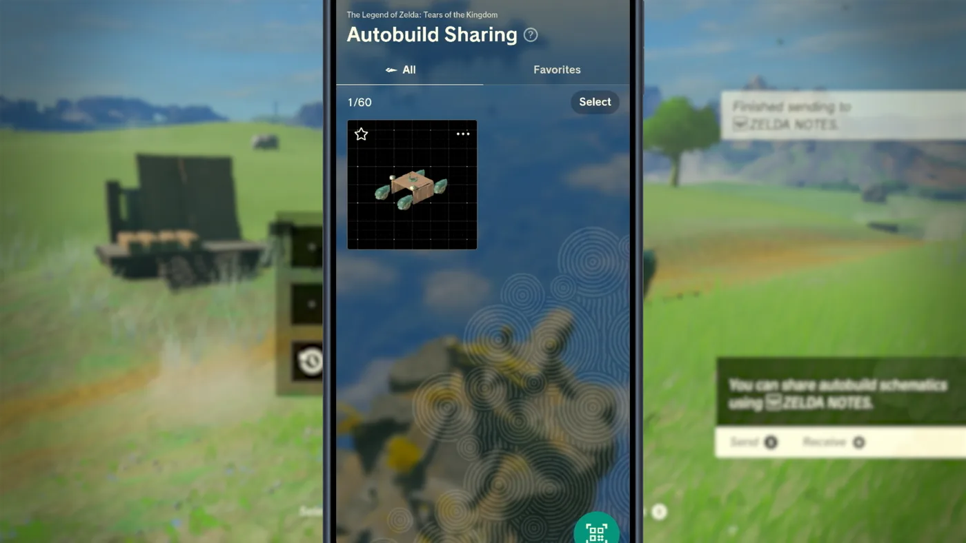 The Autobuild Sharing menu in the Zelda Notes app for the Tears of the Kingdom Nintendo Switch 2 Edition, showing a QR code screen for exporting an Ultrahand vehicle blueprint.