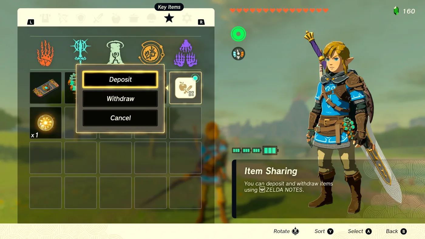 Items being deposited into the Item Sharing box in the Zelda Notes app, generating a QR code that can be shared with other Tears of the Kingdom Nintendo Switch 2 Edition players.