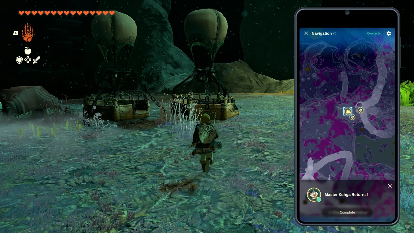 A Voice Memory titled "Master Kohga Returns!" playing in the Zelda Notes app, set in the Depths beneath the Yiga Hideout Chasm in Tears of the Kingdom's Switch 2 Edition.