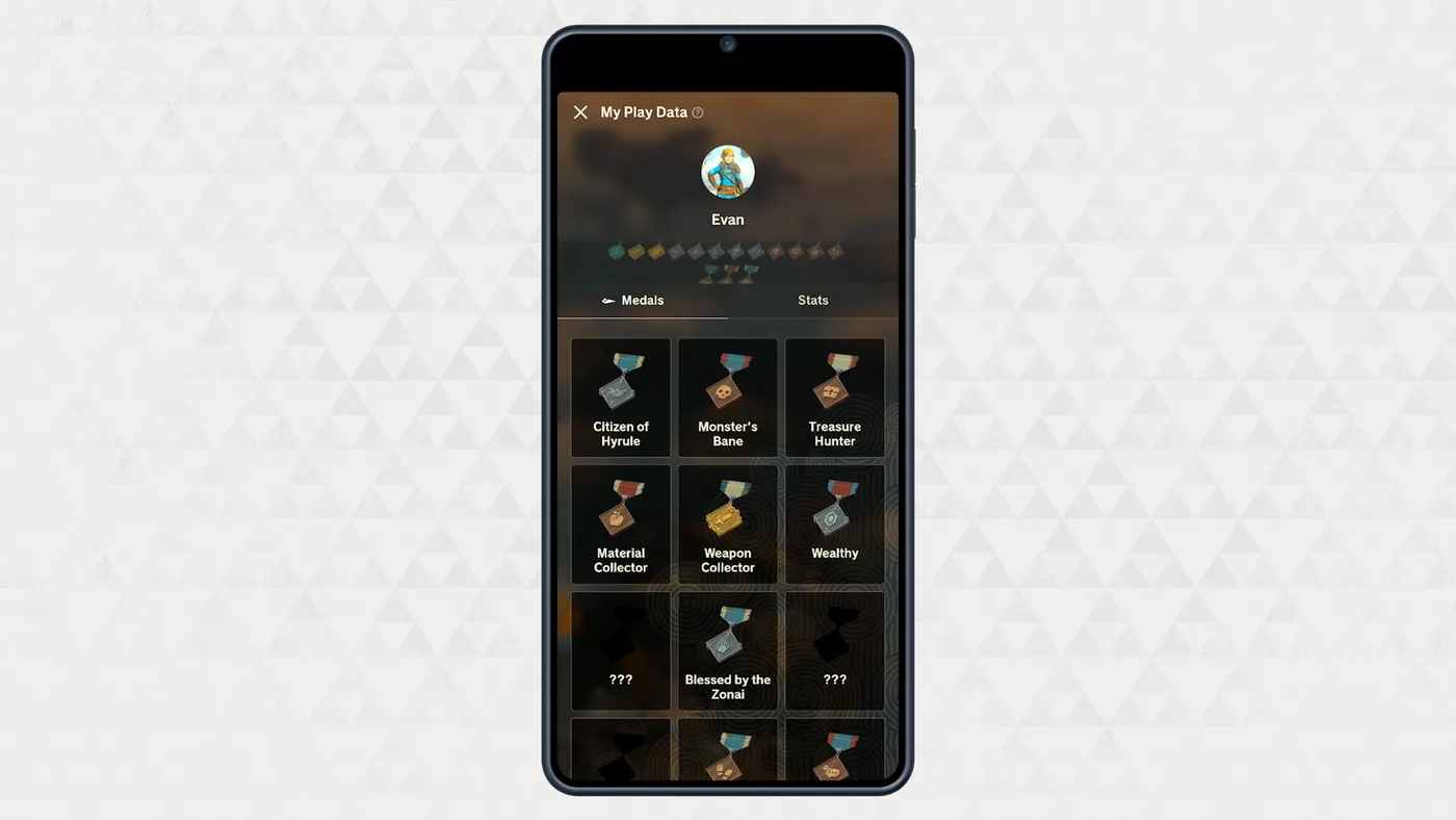 The My Play Data medal screen in the Zelda Notes app, showing a grid of Bronze, Silver, Gold and Master-tier medal icons for Tears of the Kingdom's Nintendo Switch 2 Edition.