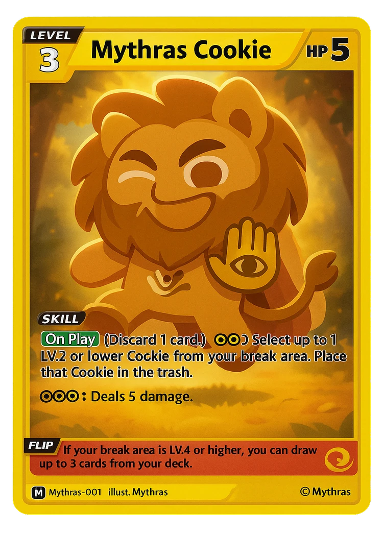 The Mythras Cookie collector card front โ a golden lion Cookie illustrated by Mythras, Level 3, HP 5